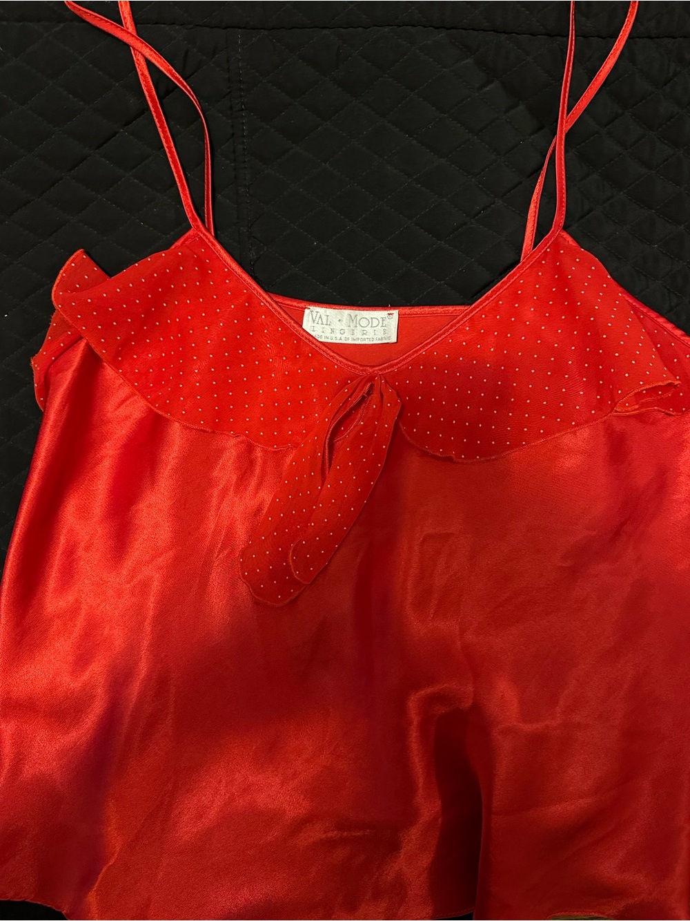 Val Mode Red Satin Polka-Dot Ruffle Camisole